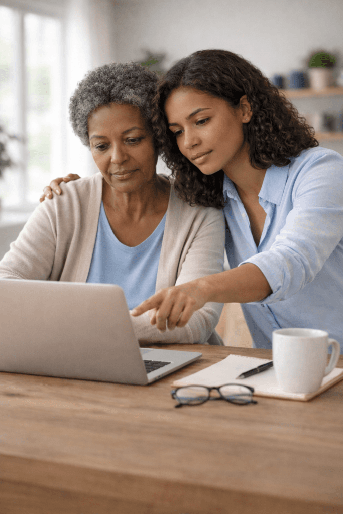 A daughter helping her mother make plans on a laptop