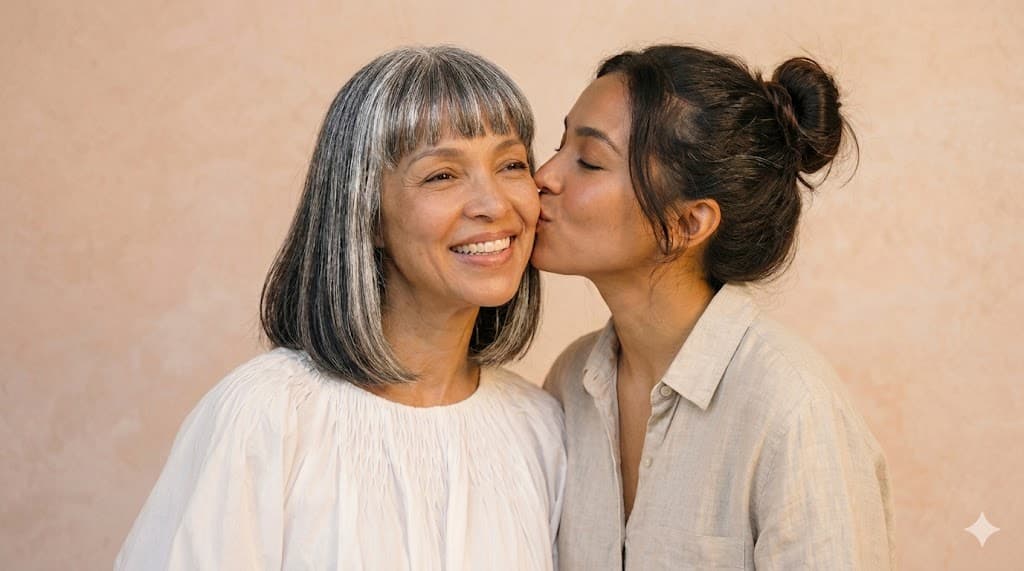 A daughter resting her cheek against her mother
