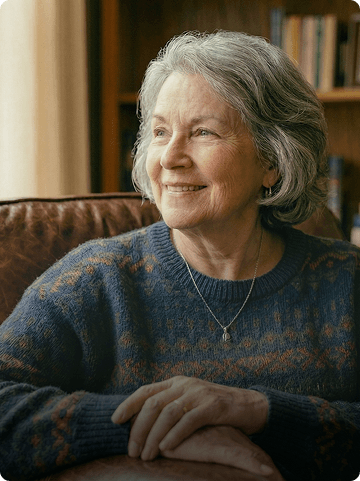 An older woman smiling in an armchair