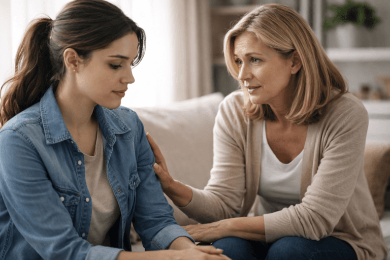 Two women talking through a difficult conversation