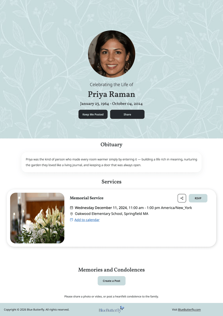 Memorial page template — Elegant Vines · Teal