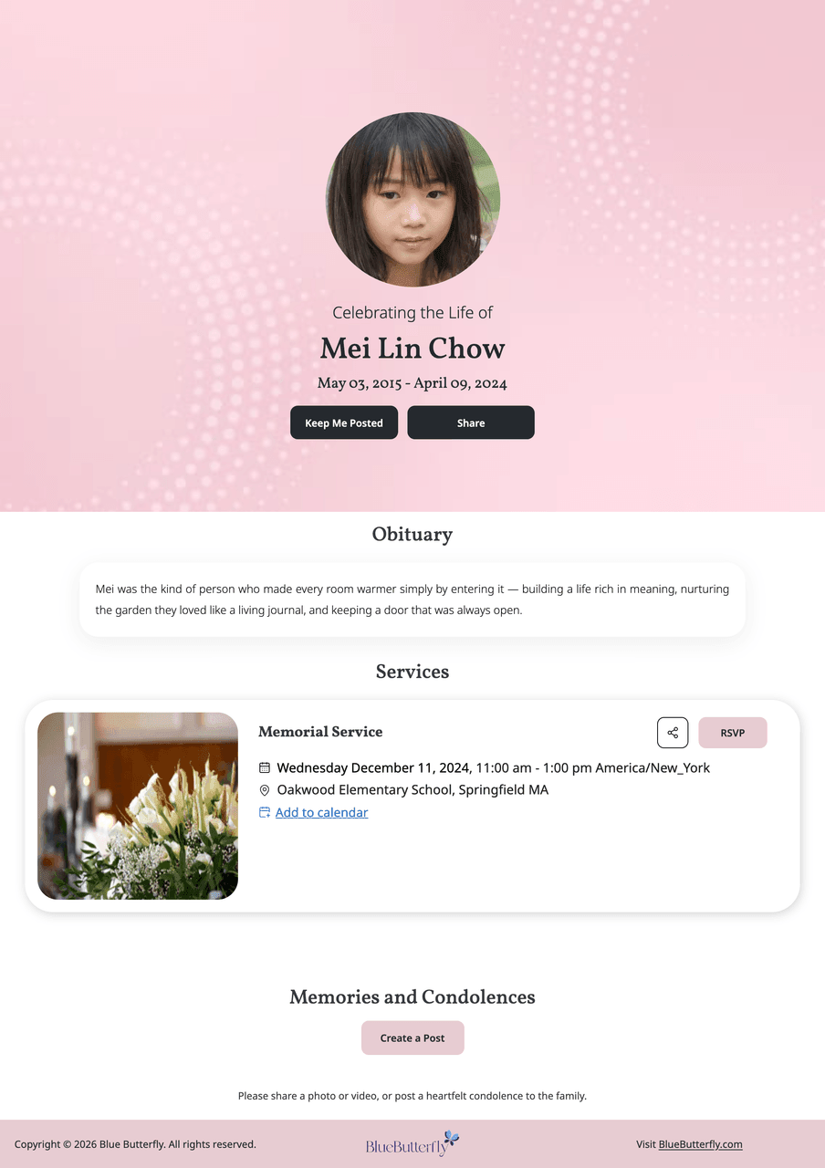 Memorial page template — Gentle Circle · Pink