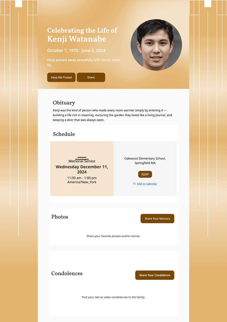 Memorial page template — March · Tan