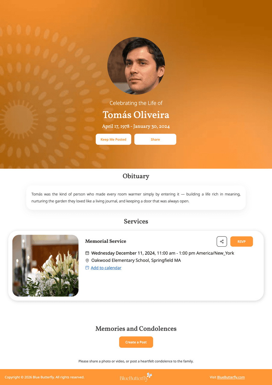 Memorial page template — Radiant · Dark Orange