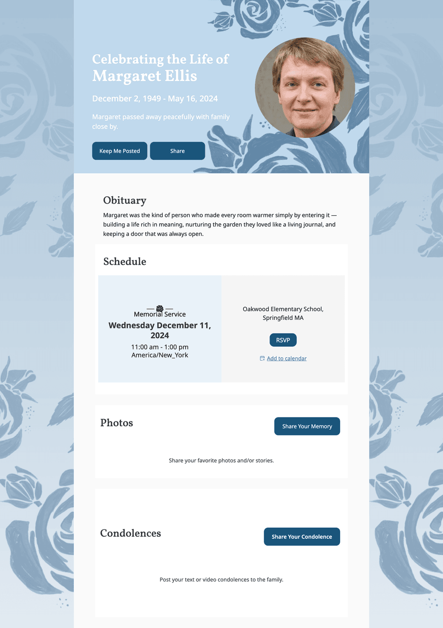 Memorial page template — Roses · Blue