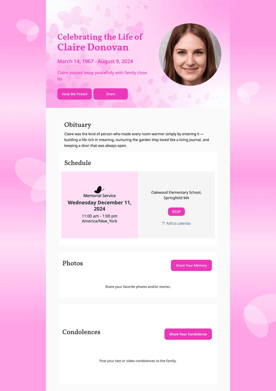 Memorial page template — Sky · Pink