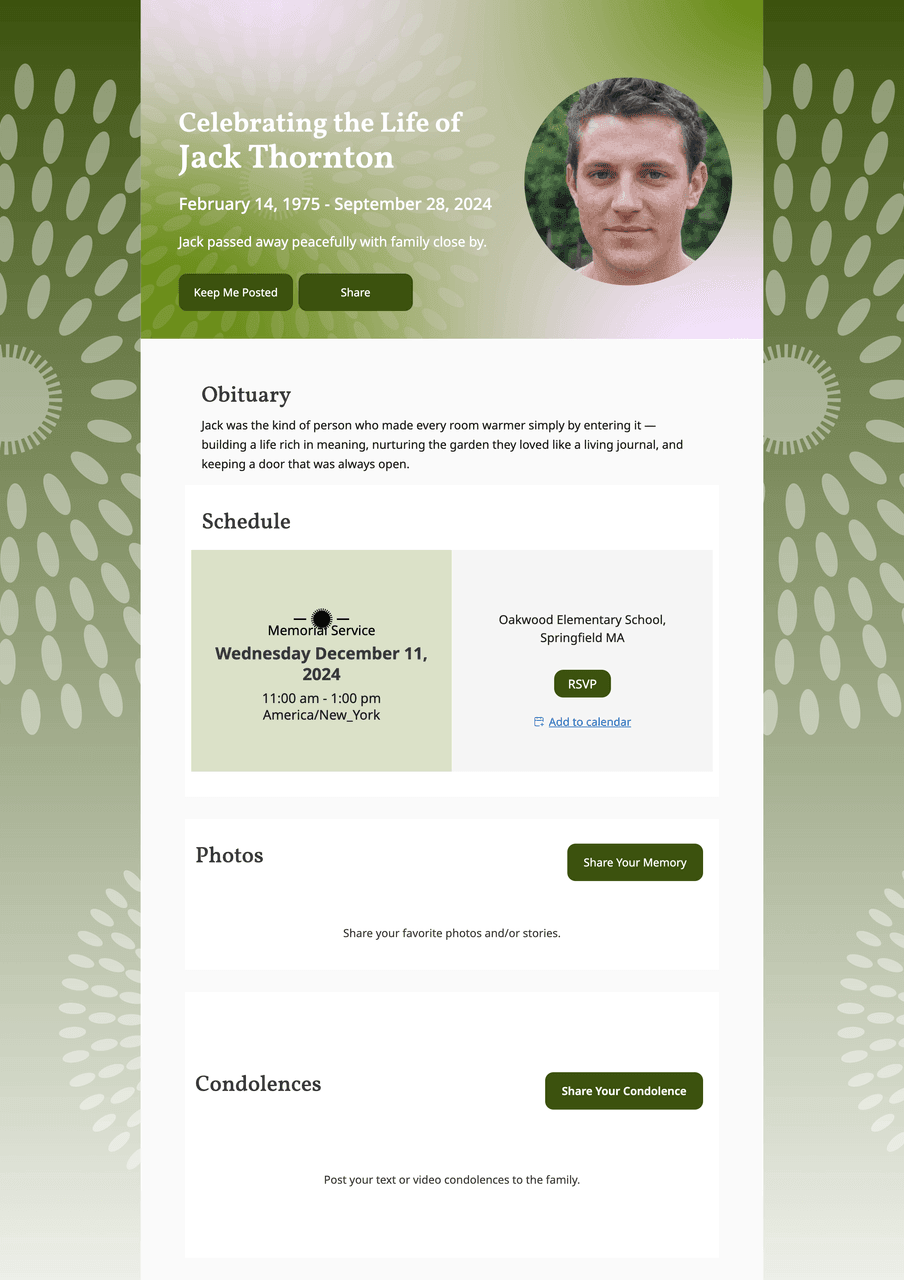 Memorial page template — Sunburst · Green
