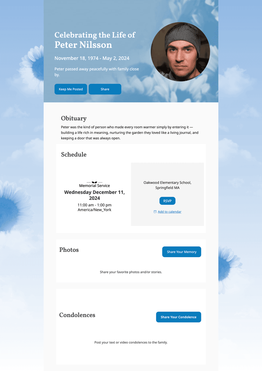 Memorial page template — Sunflowers · Blue