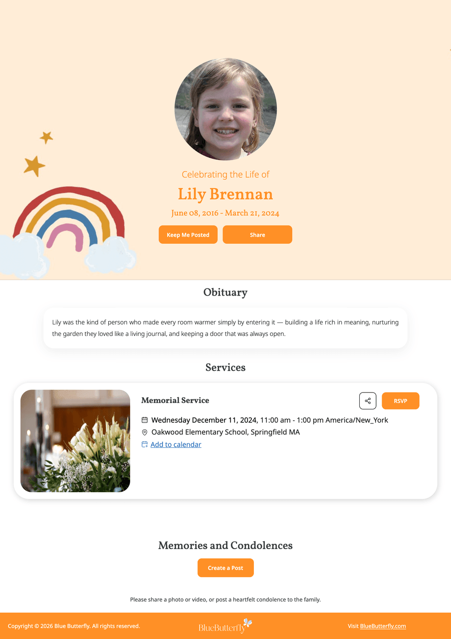 Memorial page template — Youthful · Rainbow Clouds